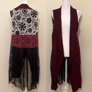 John Mark Womens Burgundy Patchwork Longline Vest Floral Lace Back Witchy Boho L